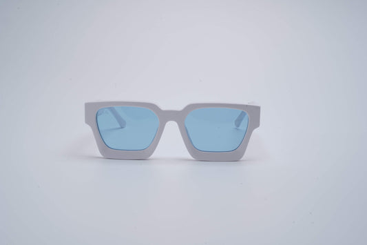 trimm life glacier sunglasses with white frame and blue lenses front view